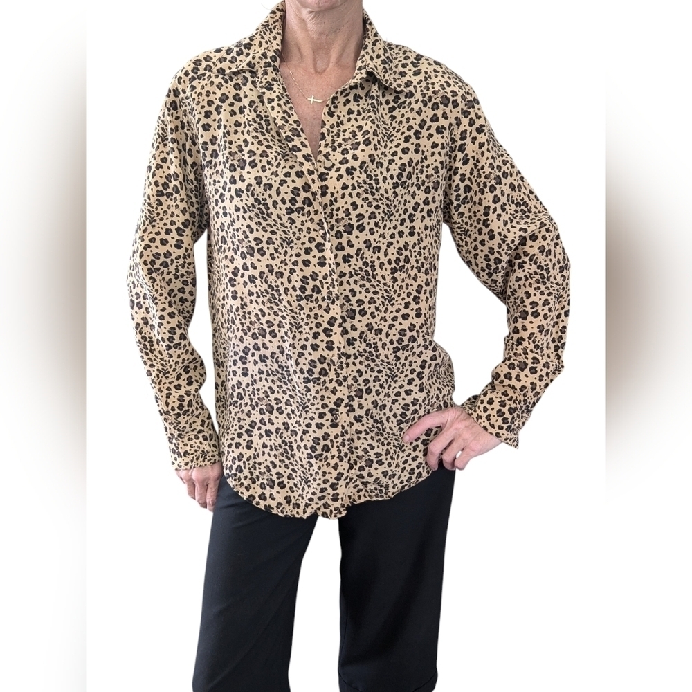 Vintage Allison Taylor 100% Silk Leopard Print Blouse Long Sleeve Size M
